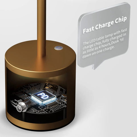 Close-up of Cordless Rechargeable Table Lamp With 5000mAh Battery, USB Powered Desk Light showing fast charge chip in metallic base.