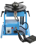 Heavy Duty Welding Turntable Manipulator Featuring Foot Switch And Three Jaw Lathe Chuck, blue metal base and control panel for precision welding.