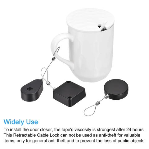 Hella Secure Retractable Cable Lock With Sturdy Double Sided Adhesive Mounting Pad For Phones TV Boxes And Remotes Black 4 Pack with mug and components.