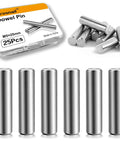 Heavy-Duty 25Pc Stainless Steel Dowel Pins Set, 5mm Diameter By 25mm Length, 304 Grade shown with packaging and individual pins.