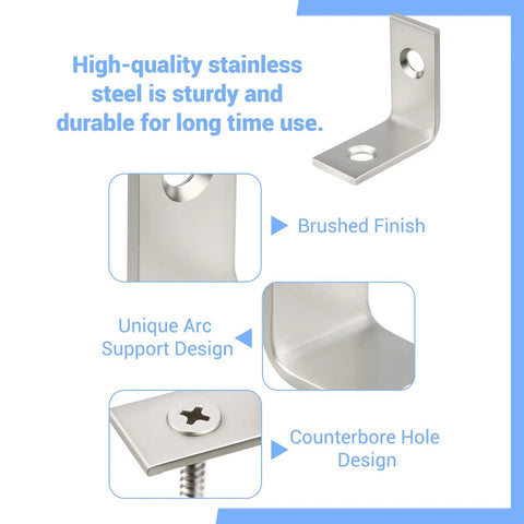 Rock Solid 1 Inch Stainless Steel L Brackets 40 Pack With 80 Countersunk Screws Rustproof Corner Braces, features brushed finish and unique arc design.
