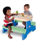 Two children playing at Easy Store Jr Play Table For Kids Ages 18 Months To 5 Years Amazon Exclusive Portable Indoor Outdoor Foldable Table Set For Small Spaces And Quick Cleanup.
