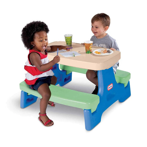 Two children playing at Easy Store Jr Play Table For Kids Ages 18 Months To 5 Years Amazon Exclusive Portable Indoor Outdoor Foldable Table Set For Small Spaces And Quick Cleanup.