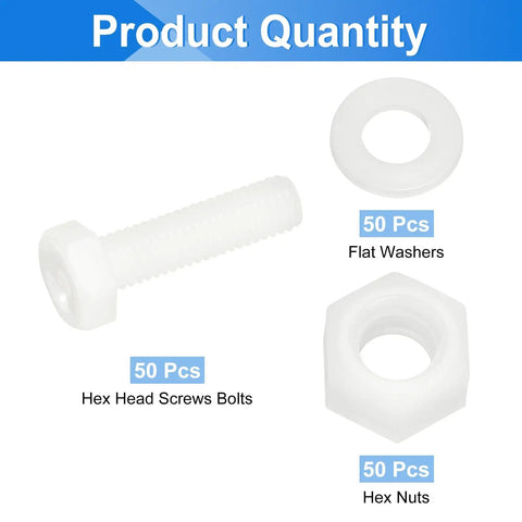 Hella Tough M8 x 30mm Nylon Hex Bolt And Nut Kit With Flat Washers showing 50 pieces of nylon hex screws, washers, and nuts.