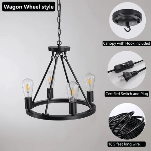 4 Light Wagon Wheel Chandelier Plug In Black Metal Pendant Light With 16.5 Ft Cord And On Off Switch Modern Industrial Style