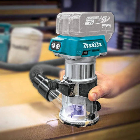 Pro Grade Compact Cordless Router With Brushless Motor, 18V LXT, Variable Speed For Smooth Precise Cuts in action on wooden edge