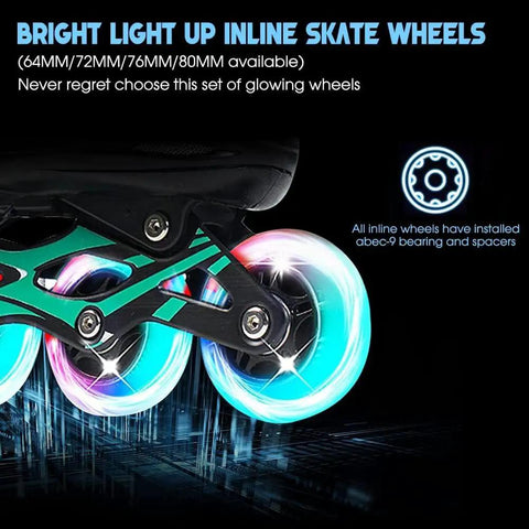 Lit Up 80mm Inline Skate Wheels With Abec9 Bearings 2 Pack Replacement For Inline Skates And Kick Scooters Black Glow Wheels Includes Spacers And Installation Hardware showing glowing LED effect on dark background