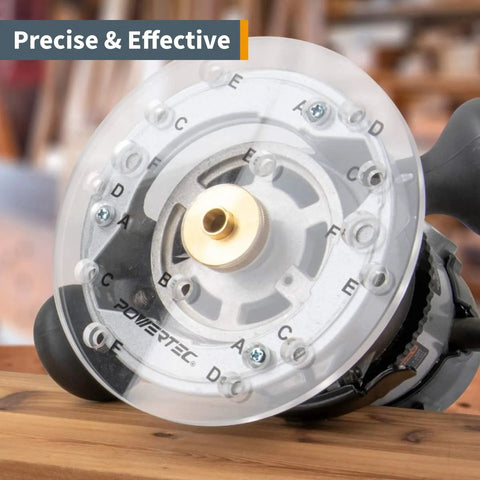 PowerTEC router guide bushing, solid brass 5/8in, screw-on lock nut, fits Porter-Cable style base plate.