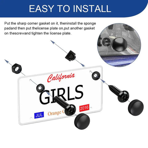 Top Shelf Heavy Duty Anti Theft License Plate Screws Kit showing installation with black rust resistant stainless steel bolts and gaskets.