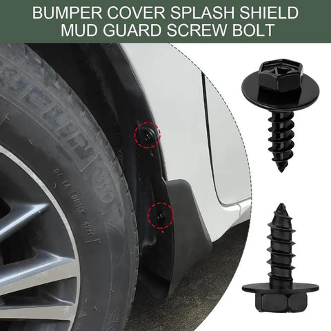 Badass 10 Piece Fender Liner Screws And Bumper Retainer Clips Rock Solid Steel Mud Guard Fasteners For Most Cars Smooth OEM replacement kit installed on a vehicle's wheel well.