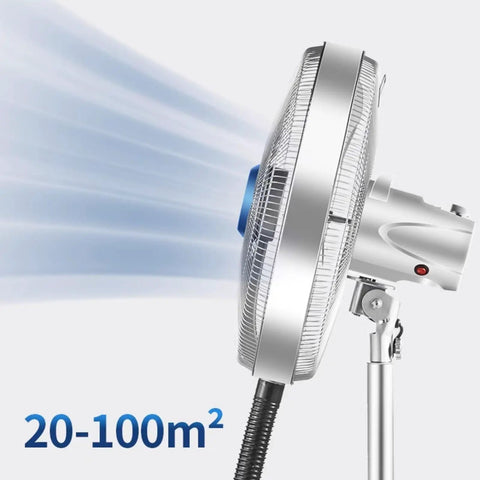 Heavy Duty 20 Inch Industrial Floor Fan With Built In Water Cooled Mist Tank Blasting Ice Cold Air All Day Long Perfect For Patios And Garage Workshops Rock Solid Setup, side view showing cooling mist.