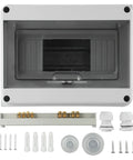 Dang Tough Surface Mounted Distribution Box with Eight Circuit Slots showing IP65 rated ABS housing and mounting accessories.