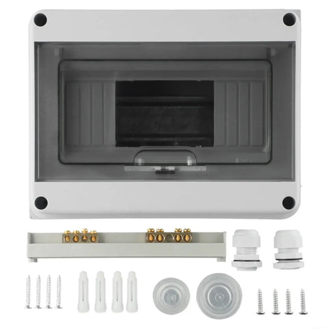 Dang Tough Surface Mounted Distribution Box with Eight Circuit Slots showing IP65 rated ABS housing and mounting accessories.
