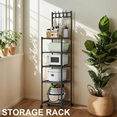Five Tier Heavy Duty Storage Rack With Smooth Swivel Rolling Wheels Industrial Platform Shelving Unit For Garage Home Organization Rock Solid Rust Coated Steel Frame with kitchen appliances and pots.
