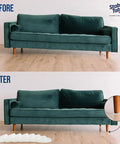 Before and after using Clear Circular Table Leg Wedges for Wobble-Free Furniture under sofa leg