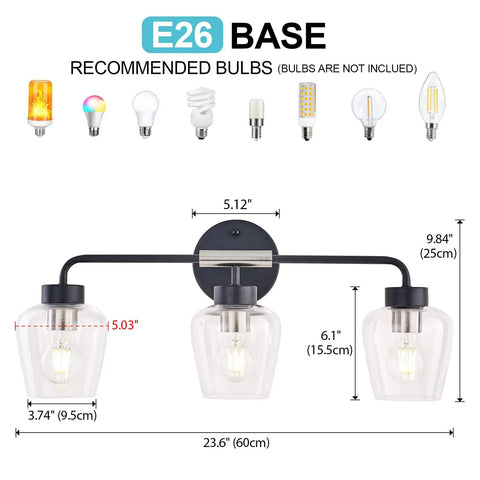 Three Light Vanity Light Fixture With Clear Glass Shades, Matte Black Back Plate And Brushed Nickel Accents, Powder Room Wall Light For Mirror, Modern Industrial Look