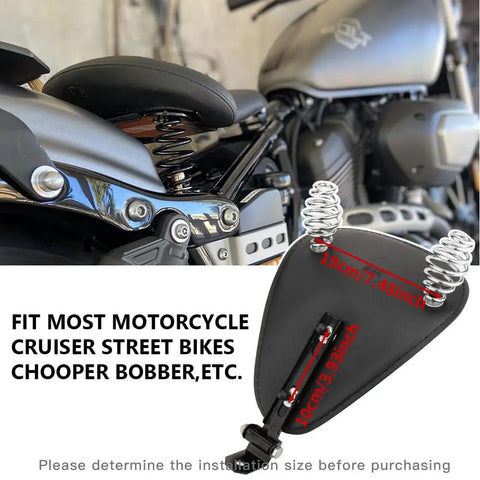 Leather Motorcycle Solo Seat With 3 Inch Spring Bracket Kit mounted on cruiser bike, showing springs and black finish.