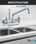 Wall Mount Commercial Sink Faucet With Eight Inch Adjustable Center No Sweat Installation Right On Target Kitchen Utility Tap side view with measurements.