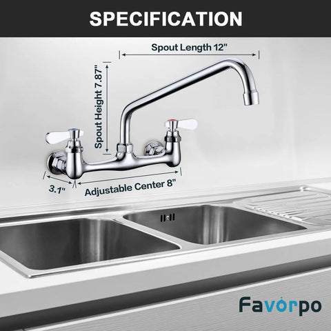 Wall Mount Commercial Sink Faucet With Eight Inch Adjustable Center No Sweat Installation Right On Target Kitchen Utility Tap side view with measurements.