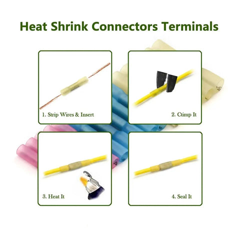 Top Notch 240 Piece Heat Shrink Butt Connector Kit For Crimping Wire Splices And Terminals Including Fork Spade And Ring Assortment Set In AWG 22 To 10 Range Perfect For Any Electrical Project You Might Have On Hand. Heat shrink connector installation steps