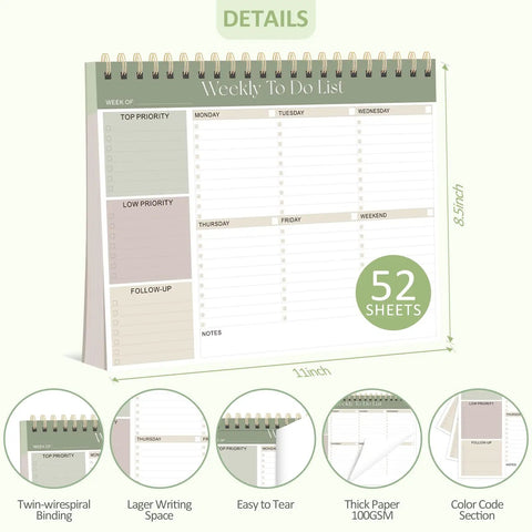 Undated Weekly To Do List Notepad 52 Large 8.5x11 Sheets Landscape Planner on display with spiral binding and task sections