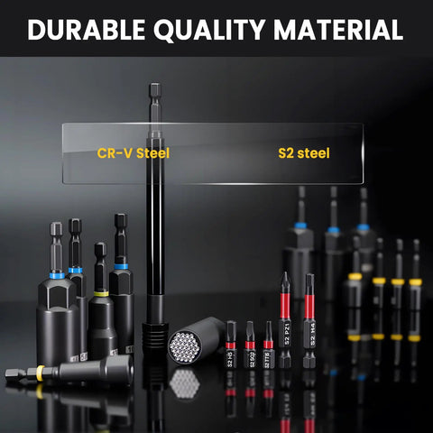 86-Piece Magnetic Impact Nut Driver Set with Deep Sockets and S2 Bits, Chrome Vanadium Steel display emphasizing material quality