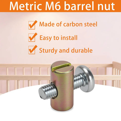 Durable M6 Barrel Nut Set With Cross Dowel Joint Nuts For Furniture Repair, zinc coated carbon steel nut in front of a crib