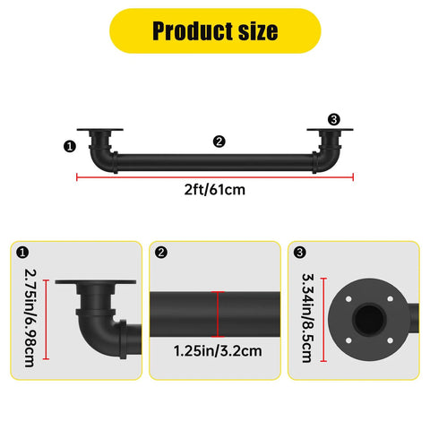 Industrial Style Black Iron Pipe Staircase Handrail For Indoor And Outdoor Use Heavy Duty Steel Balcony Railing with 2ft length and size details.