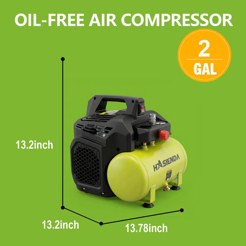 Hasienda 2 Gallon Quiet Air Compressor With Touch Safe Encased Design And Ergonomic Handle Lightweight Oil Free For Home Auto Care Painting And Woodworking Brushless Motor