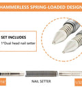 Dual Head Hammerless Nail Setter 2-In-1 Nail Set For 1/32 Inch And 1/16 Inch Nails, Spring-Loaded, shown in close-up design.