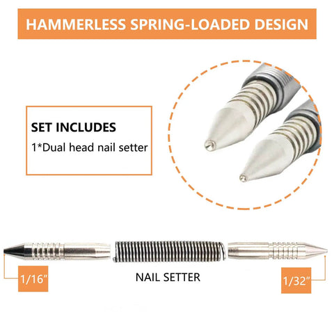 Dual Head Hammerless Nail Setter 2-In-1 Nail Set For 1/32 Inch And 1/16 Inch Nails, Spring-Loaded, shown in close-up design.