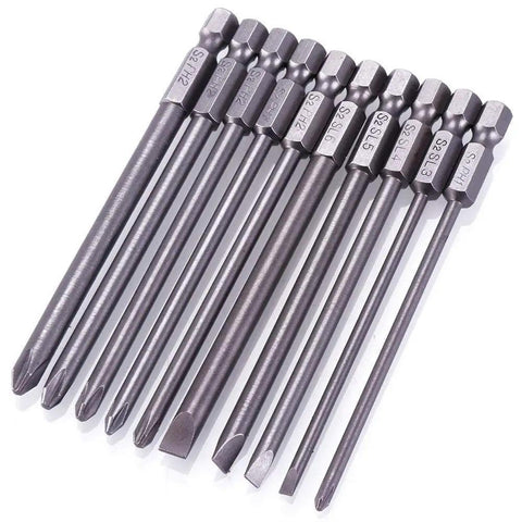 10Pcs 1/4 Inch Hex Shank Long Magnetic Screwdriver Bits Set For Power Tools Slotted Phillips Cross Head S2 Alloy Steel