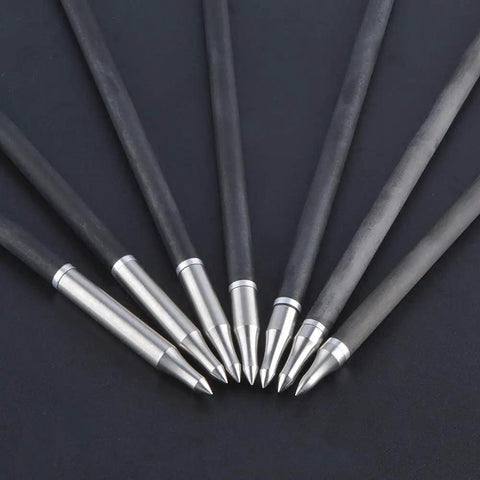 Archery Screw In Arrow Points Set, 12 Stainless Steel Field Tips displayed on black background