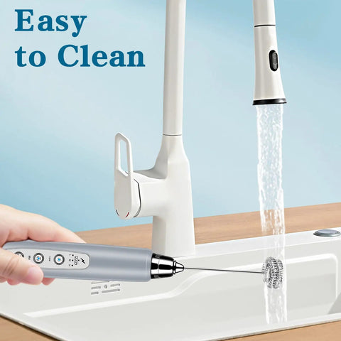 Handheld Milk Frother And Electric Whisk With 3 Speed Settings, Stainless Steel 3 Whisks, Rechargeable USB Powered, Portable Foam Maker shown being cleaned under running water