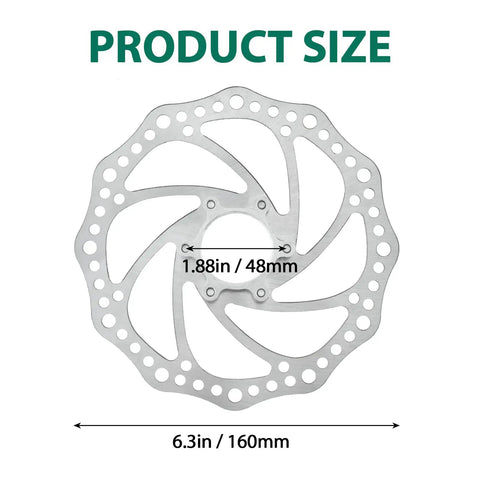 160Mm Flange Disc Brake Rotor For Road, Mountain, MTB And BMX Bikes With Stainless Steel Construction And 6 Bolt Mount Includes Flange Adapter And All Disc Brake Systems And Upgrades shown with size dimensions of 6.3in/160mm and 1.88in/48mm inner hole spacing.