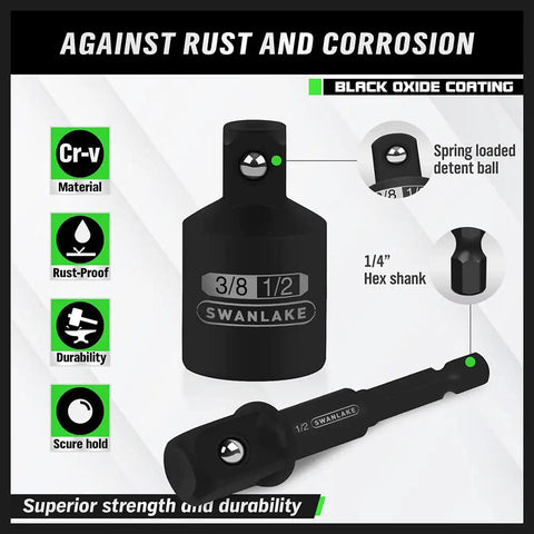 Seven Piece Impact Socket Adapter Kit For Drills With Hex Shank To One Quarter Inch, Three Eighths Inch And One Half Inch Drive Adapters, Heavy Duty Chrome Vanadium Steel With Black Oxide Finish, Includes Standard And Metric Sizes showing rust resistance and durability features