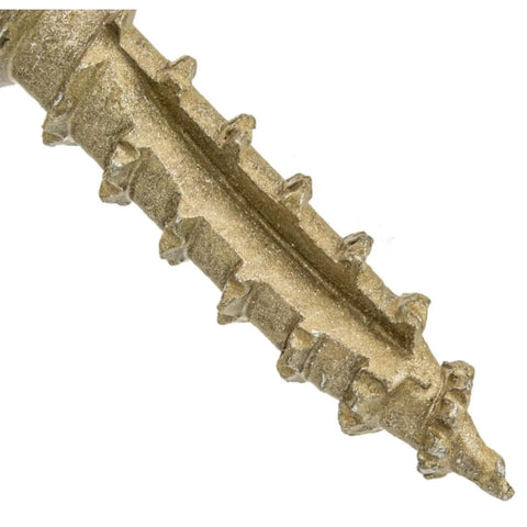 Close-up of notched Type 17 point on Beefy 4 Inch Lag Screw With Torx Star Drive Exterior Bronze Coated For Outdoor Wood.