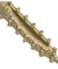 Close-up of Type 17 notched point of Beefy Five Inch Lag Screw With Exterior Coating Torx Star Drive Heavy Duty Structural Fastener.