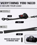 Beefy Heavy Duty Self Retracting Ratchet Straps 1In By 13Ft, 1800 Lb Break Strength, 4 Pack with storage bag and loops.
