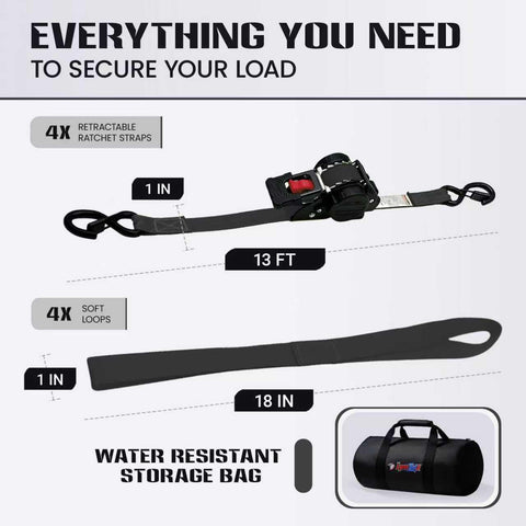 Beefy Heavy Duty Self Retracting Ratchet Straps 1In By 13Ft, 1800 Lb Break Strength, 4 Pack with storage bag and loops.