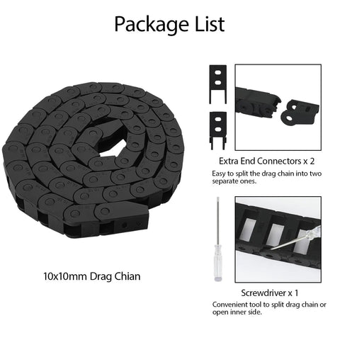 Package list for CNC Cable Drag Chain 10mm By 10mm Inner Size, 1 Meter Length Bridge Type Non Openable Black Plastic Wire Carrier Chain With End Connectors, R18 Bend Radius, Linkable To Create Any Length For Smooth Machine Tool Routing