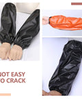 Heavy Duty Waterproof Pvc Oversleeves 6 Pack Set Oilproof Arm Covers For Mechanics And Diy Daily Grind Grease Monkey Ready Reusable Sleeve Guards For Home And Workshop in black and orange colors.