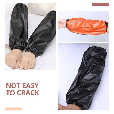 Heavy Duty Waterproof Pvc Oversleeves 6 Pack Set Oilproof Arm Covers For Mechanics And Diy Daily Grind Grease Monkey Ready Reusable Sleeve Guards For Home And Workshop in black and orange colors.