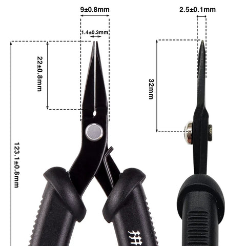 Pro Grade Metal Earth Model Kit Tools Set 2 Piece Clipper and Needle Nose Pliers for Metal Puzzles, front view with dimensions