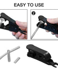 PTFE Tube Cutter Kit For Nylon PU And PVC Tubing Up To Three Quarters Inch OD Durable Plastic Body With Replaceable 304 Stainless Steel Blade Easy Grip 6 Pack For Home DIY Projects And Pro Jobs, shown in use cutting tubing.