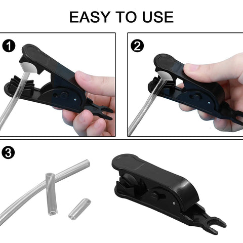 PTFE Tube Cutter Kit For Nylon PU And PVC Tubing Up To Three Quarters Inch OD Durable Plastic Body With Replaceable 304 Stainless Steel Blade Easy Grip 6 Pack For Home DIY Projects And Pro Jobs, shown in use cutting tubing.