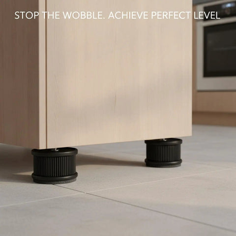 Furniture Leveling Feet Adjustable Height Set for Cabinets and Appliances with Black Plastic Base and Sponge Pad installed