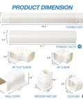 Product dimensions of 3 Inch Wide 10 Foot Mini Split Line Set Cover Kit with PVC components and flexible duct for AC systems.