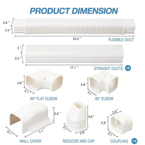Product dimensions of 3 Inch Wide 10 Foot Mini Split Line Set Cover Kit with PVC components and flexible duct for AC systems.
