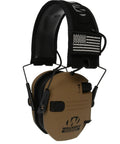 Razor Slim Electronic Earmuffs For Shooting And Hunting With Ultra Low Profile Design Adjustable Fit Sound Amplification And Clear Hearing Of Surroundings On The Range In Battle Brown Patriot Series in side view